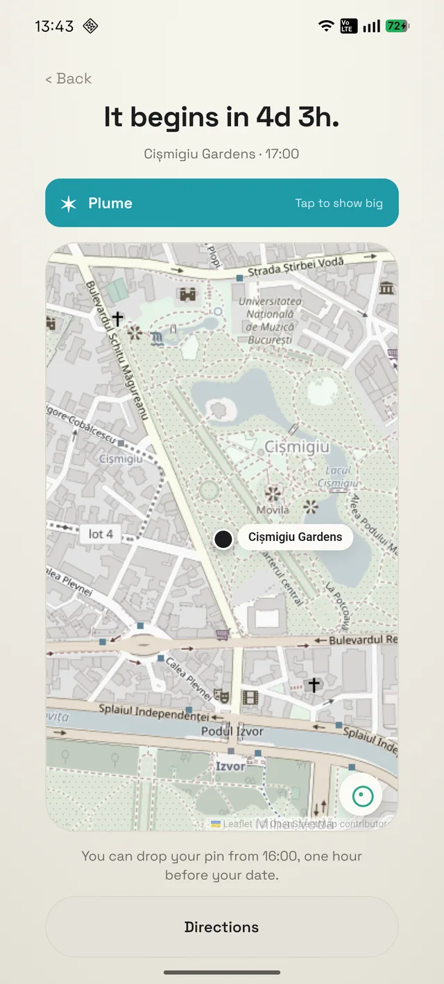 A date card with the venue on a map and a reveal for when you arrive.